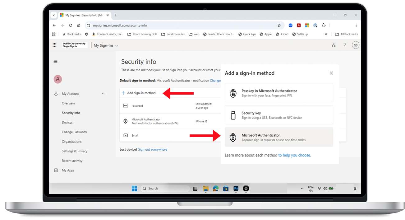 Screenshot of Microsoft 365 Security info highlighting the Add sign-in method option