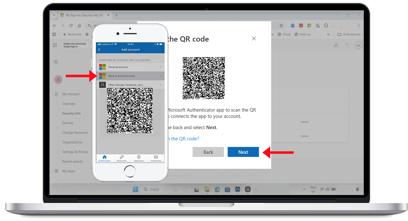 The QR code displayed on the computer screen ready to be scanned by the mobile device
